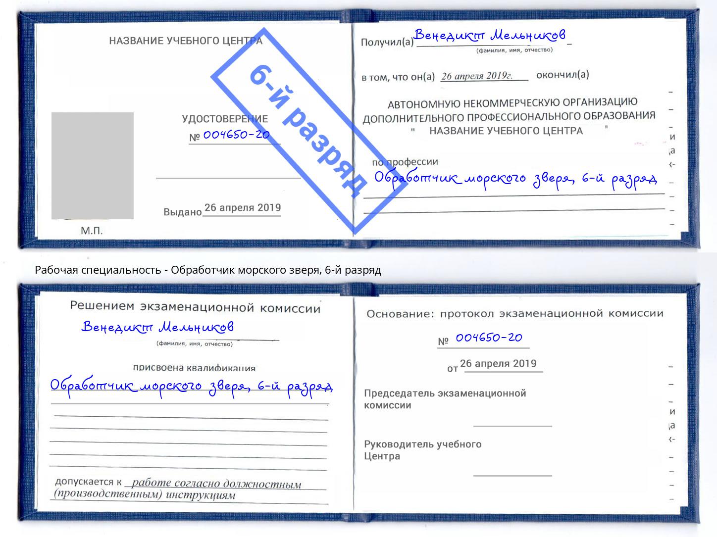 корочка 6-й разряд Обработчик морского зверя Минусинск